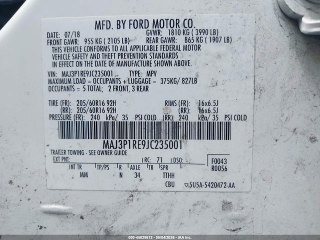 Aukcja sprzedaży 2018 Ford Ecosport S, vin: MAJ3P1RE9JC235001, numer aukcji: 45028612