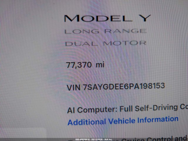 45028616 :رقم المزاد ، 7SAYGDEE6PA198153 vin ، 2023 Tesla Model Y Awd/long Range Dual Motor All-wheel Drive مزاد بيع