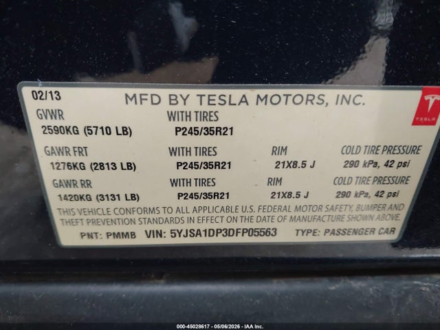 Продажа на аукционе авто 2013 Tesla Model S Performance, vin: 5YJSA1DP3DFP05563, номер лота: 45028617