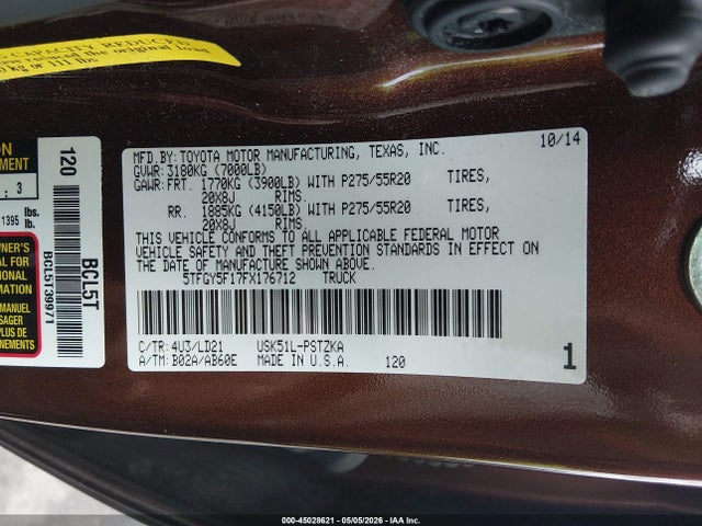 2015 Toyota Tundra 1794 5.7l V8 მანქანა იყიდება აუქციონზე, vin: 5TFGY5F17FX176712, აუქციონის ნომერი: 45028621