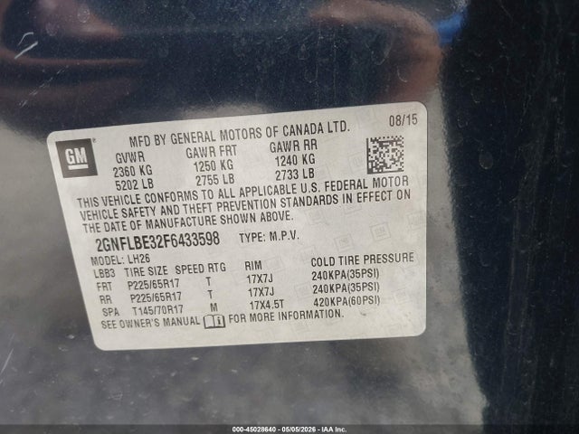 Aukcja sprzedaży 2015 Chevrolet Equinox 1lt, vin: 2GNFLBE32F6433598, numer aukcji: 45028640
