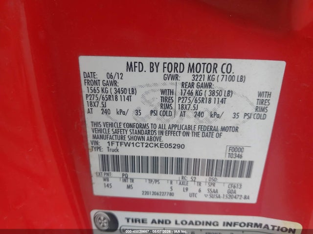 Продаж на аукціоні авто 2012 Ford F-150 Xlt, vin: 1FTFW1CT2CKE05290, номер лоту: 45028667