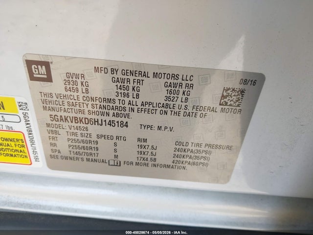 Aukcja sprzedaży 2017 Buick Enclave Leather, vin: 5GAKVBKD6HJ145184, numer aukcji: 45028674