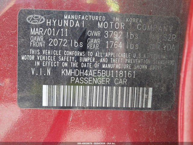 Aukcja sprzedaży 2011 Hyundai Elantra Gls (ulsan Plant), vin: KMHDH4AE5BU118161, numer aukcji: 45028679