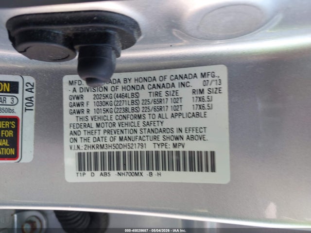45028687 :رقم المزاد ، 2HKRM3H50DH521791 vin ، 2013 Honda Cr-v Ex مزاد بيع
