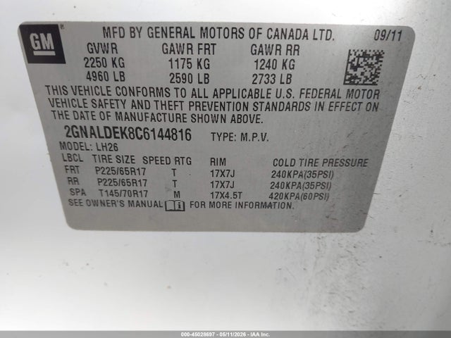 Aukcja sprzedaży 2012 Chevrolet Equinox 1lt, vin: 2GNALDEK8C6144816, numer aukcji: 45028697