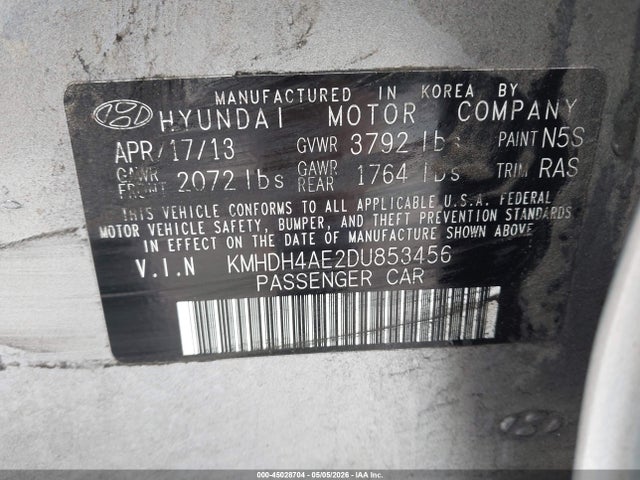 Aukcja sprzedaży 2013 Hyundai Elantra Limited, vin: KMHDH4AE2DU853456, numer aukcji: 45028704