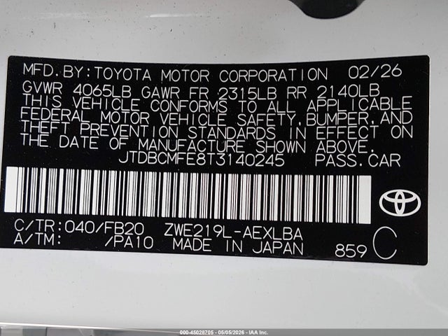 Aukcja sprzedaży 2026 Toyota Corolla Hybrid Hybrid Le, vin: JTDBCMFE8T3140245, numer aukcji: 45028705