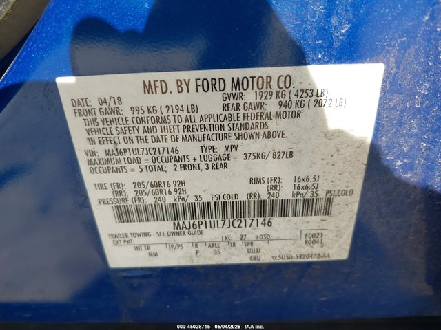 45028715 :رقم المزاد ، MAJ6P1UL7JC217146 vin ، 2018 Ford Ecosport Se مزاد بيع