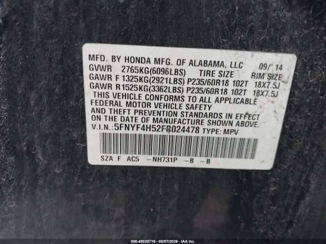 Aukcja sprzedaży 2015 Honda Pilot Ex-l, vin: 5FNYF4H52FB024478, numer aukcji: 45028716