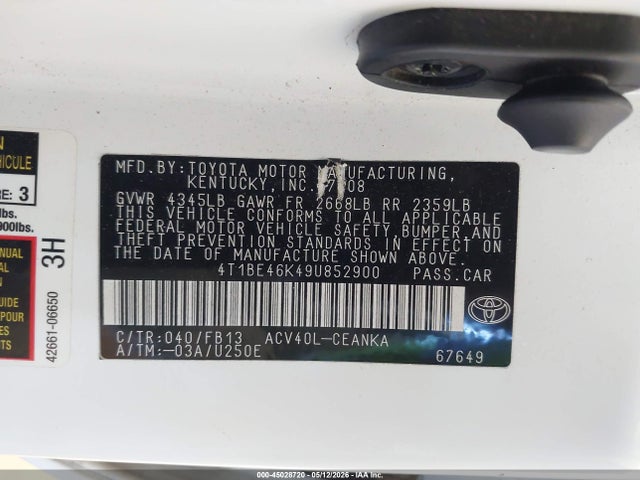 2009 Toyota Camry Le მანქანა იყიდება აუქციონზე, vin: 4T1BE46K49U852900, აუქციონის ნომერი: 45028720
