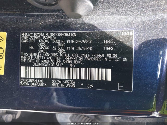 Aukcja sprzedaży 2019 Lexus Rx 350l Luxury, vin: JTJDZKCA1K2015117, numer aukcji: 45028725