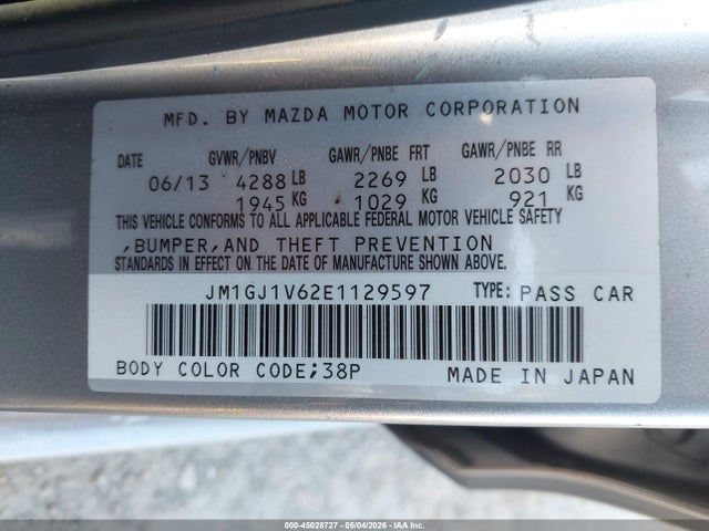 45028727 :رقم المزاد ، JM1GJ1V62E1129597 vin ، 2014 Mazda Mazda6 I Touring مزاد بيع