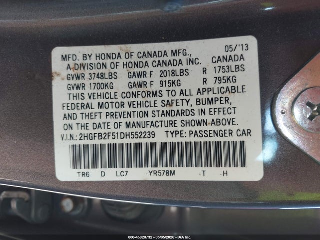 2013 Honda Civic Lx მანქანა იყიდება აუქციონზე, vin: 2HGFB2F51DH552239, აუქციონის ნომერი: 45028732