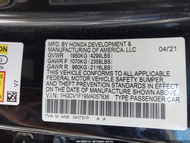 Aukcja sprzedaży 2021 Honda Accord Lx, vin: 1HGCV1F19MA057836, numer aukcji: 45028734