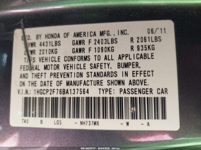 2011 Honda Accord 2.4 Ex მანქანა იყიდება აუქციონზე, vin: 1HGCP2F76BA137564, აუქციონის ნომერი: 45028757