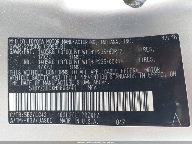 Продаж на аукціоні авто 2017 Toyota Sienna Xle 8 Passenger, vin: 5TDYZ3DCXHS809741, номер лоту: 45028765