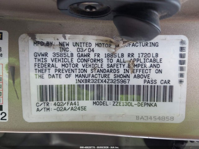 Auction sale of the 2004 Toyota Corolla Le, vin: 1NXBR32EX4Z325967, lot number: 45028770