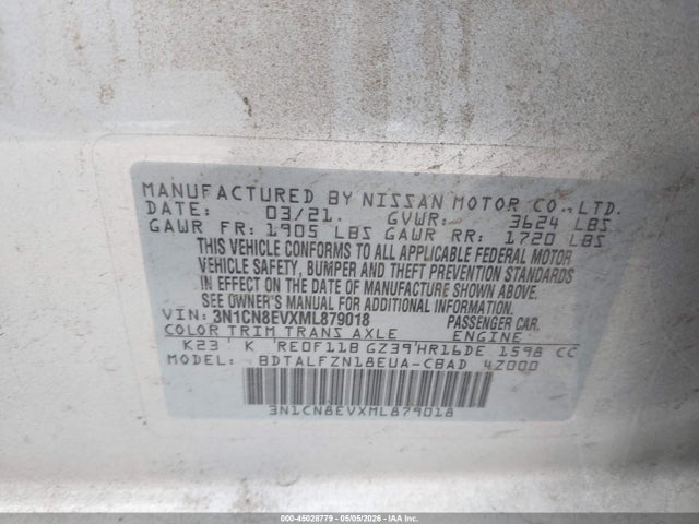 Продажа на аукционе авто 2021 Nissan Versa Sv Xtronic Cvt, vin: 3N1CN8EVXML879018, номер лота: 45028779