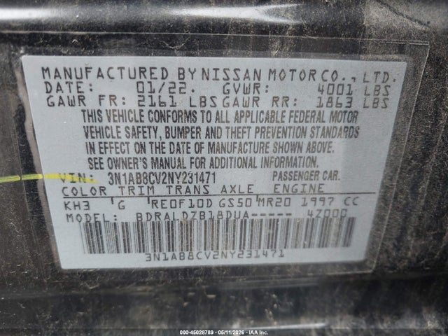 Aukcja sprzedaży 2022 Nissan Sentra Sv Xtronic Cvt, vin: 3N1AB8CV2NY231471, numer aukcji: 45028789