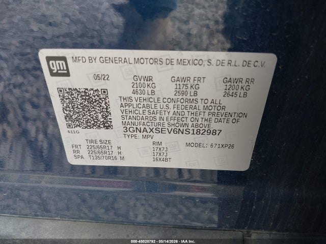 Aukcja sprzedaży 2022 Chevrolet Equinox Awd Ls, vin: 3GNAXSEV6NS182987, numer aukcji: 45028792