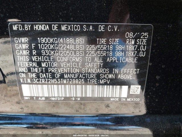 Продаж на аукціоні авто 2026 Honda Hr-v Awd Sport, vin: 3CZRZ2H53TM729825, номер лоту: 45028795