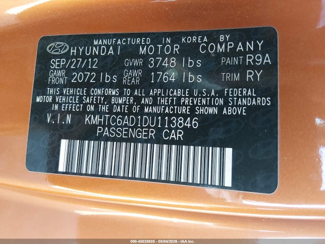 Продаж на аукціоні авто 2013 Hyundai Veloster Base W/black, vin: KMHTC6AD1DU113846, номер лоту: 45028805