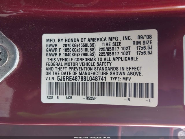 Aukcja sprzedaży 2008 Honda Cr-v Ex-l, vin: 5J6RE48788L048741, numer aukcji: 45028809