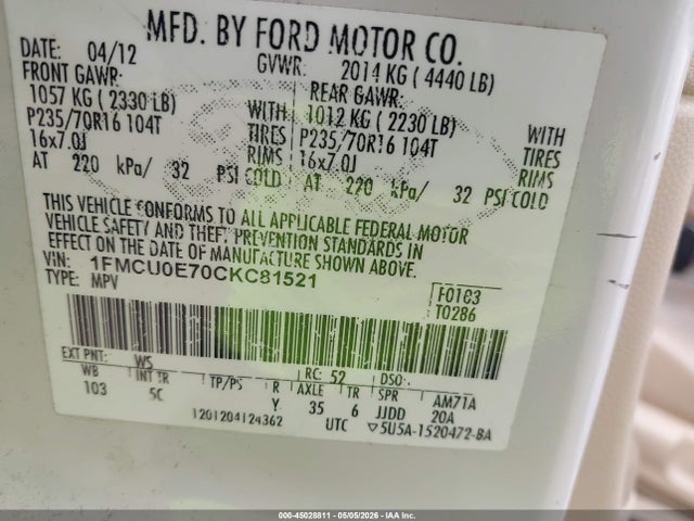 2012 Ford Escape Limited მანქანა იყიდება აუქციონზე, vin: 1FMCU0E70CKC81521, აუქციონის ნომერი: 45028811