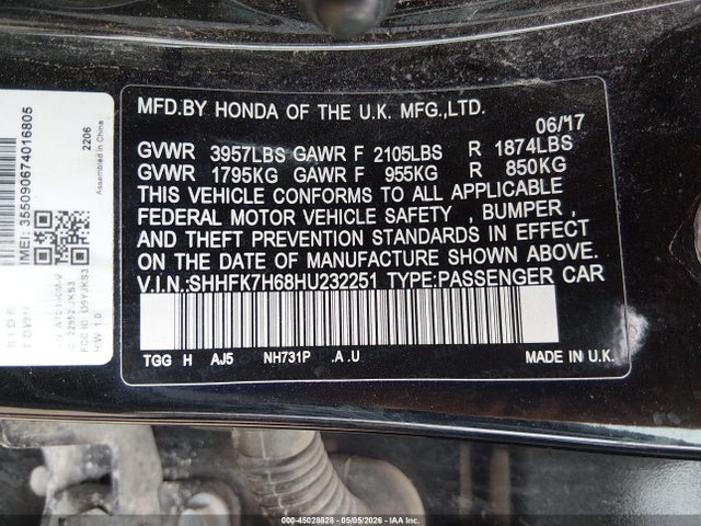 Aukcja sprzedaży 2017 Honda Civic Ex, vin: SHHFK7H68HU232251, numer aukcji: 45028828