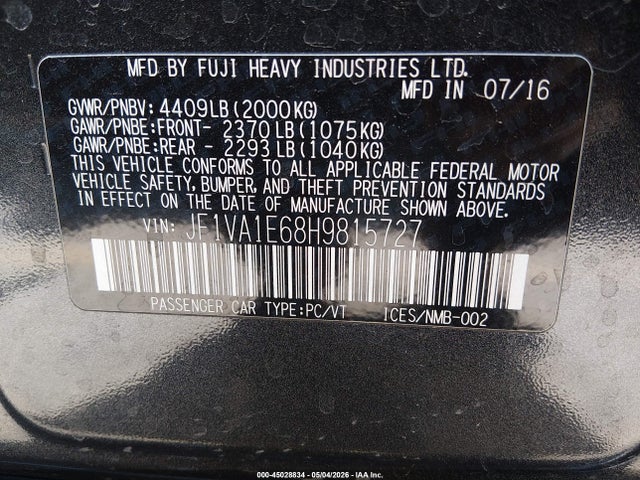 Subaru Wrx Premium 2017 JF1VA1E68H9815727 Image 9