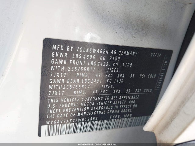 Aukcja sprzedaży 2015 Volkswagen Tiguan Se, vin: WVGAV7AX7FW512558, numer aukcji: 45028858