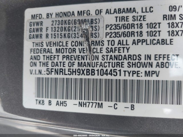45028865 :رقم المزاد ، 5FNRL5H9XBB104451 vin ، 2011 Honda Odyssey Touring/touring Elite مزاد بيع