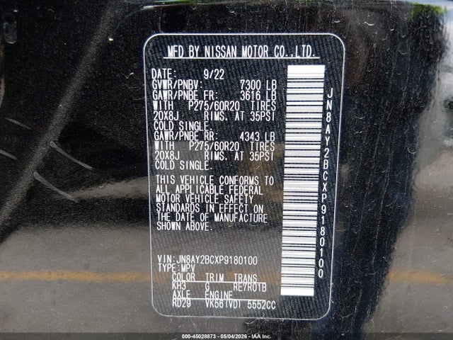 45028873 :رقم المزاد ، JN8AY2BCXP9180100 vin ، 2023 Nissan Armada Sl 2wd مزاد بيع