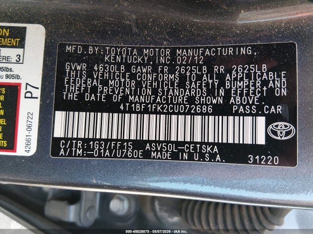 Aukcja sprzedaży 2012 Toyota Camry Se, vin: 4T1BF1FK2CU072686, numer aukcji: 45028875