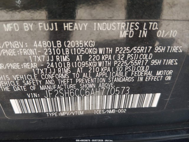 Aukcja sprzedaży 2010 Subaru Forester 2.5x Premium, vin: JF2SH6CC6AH770573, numer aukcji: 45028878