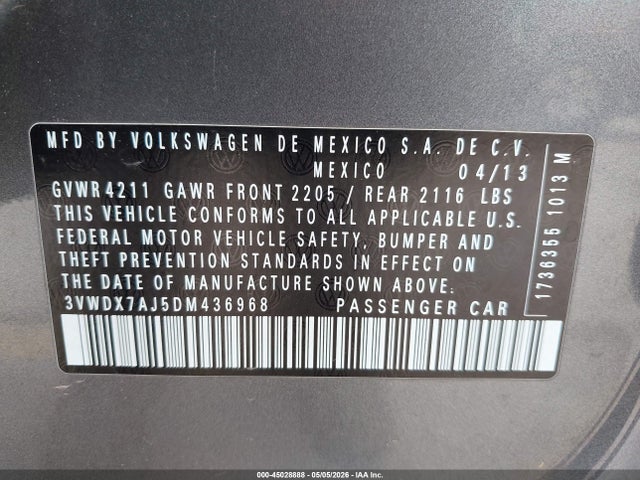 45028888 :رقم المزاد ، 3VWDX7AJ5DM436968 vin ، 2013 Volkswagen Jetta 2.5l Se مزاد بيع