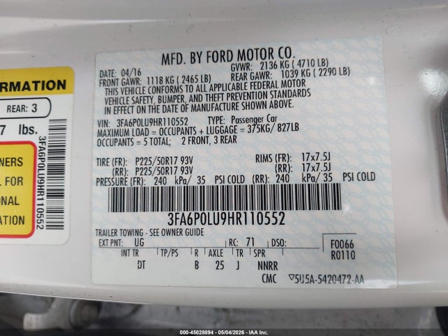 2017 Ford Fusion Hybrid Se მანქანა იყიდება აუქციონზე, vin: 3FA6P0LU9HR110552, აუქციონის ნომერი: 45028894