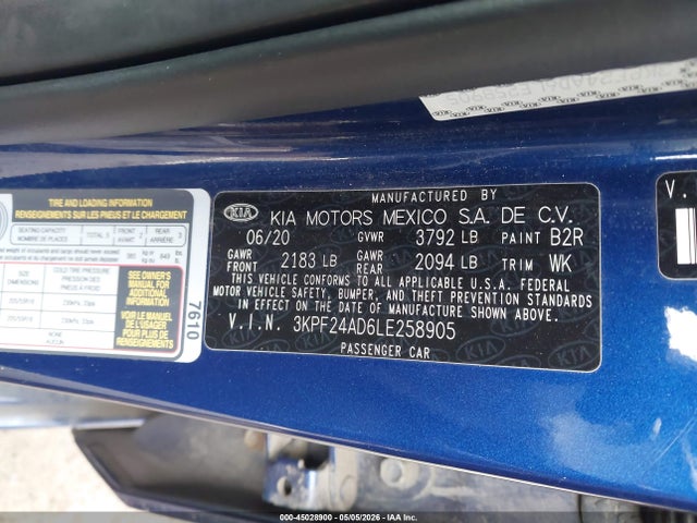 Aukcja sprzedaży 2020 Kia Forte Lxs, vin: 3KPF24AD6LE258905, numer aukcji: 45028900
