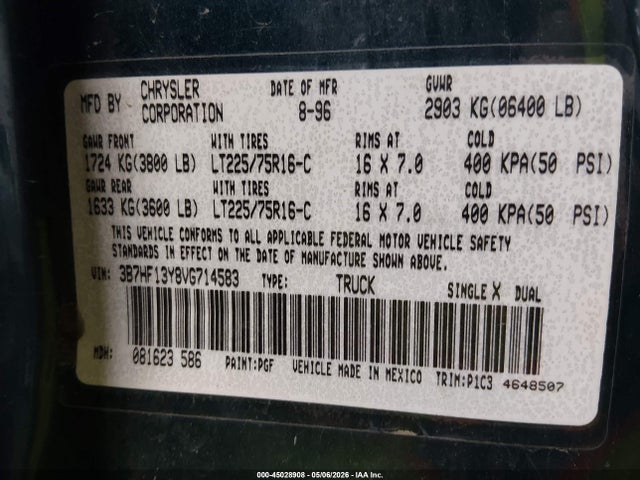 1997 Dodge Ram 1500 St მანქანა იყიდება აუქციონზე, vin: 3B7HF13Y8VG714583, აუქციონის ნომერი: 45028908