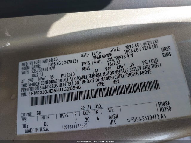 2017 Ford Escape Titanium მანქანა იყიდება აუქციონზე, vin: 1FMCU0JD5HUC26568, აუქციონის ნომერი: 45028917