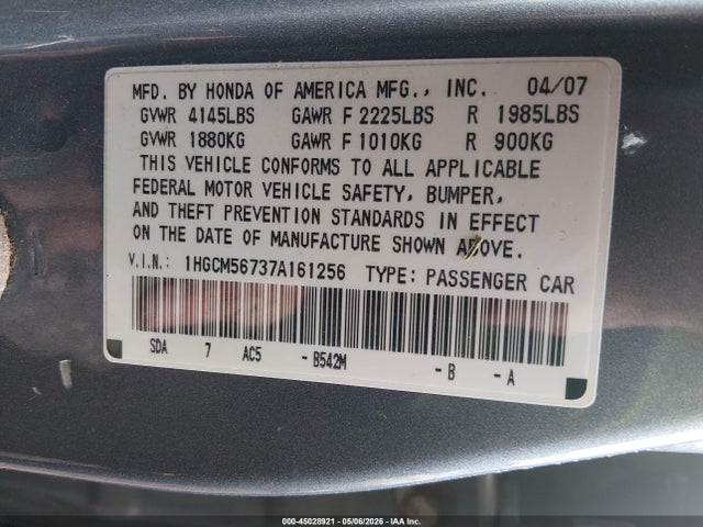 45028921 :رقم المزاد ، 1HGCM56737A161256 vin ، 2007 Honda Accord 2.4 Ex مزاد بيع