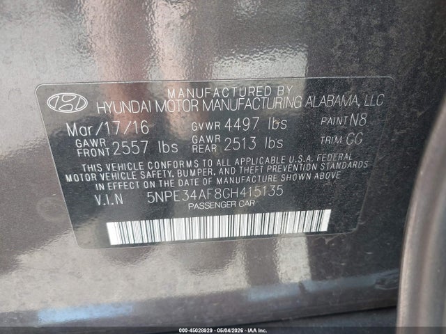 2016 Hyundai Sonata Sport მანქანა იყიდება აუქციონზე, vin: 5NPE34AF8GH415135, აუქციონის ნომერი: 45028929