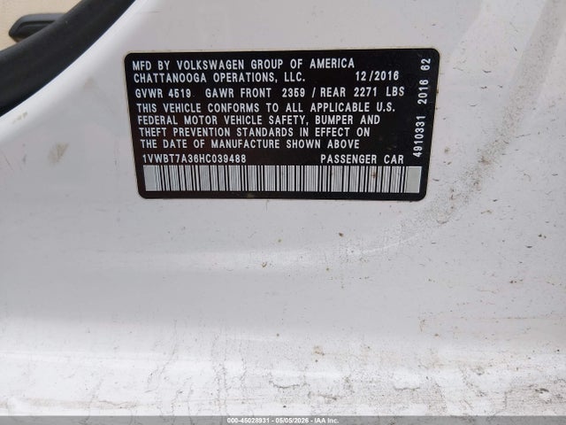 1VWBT7A36HC039488 Volkswagen Passat 1.8t Se
