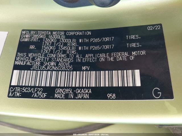 Aukcja sprzedaży 2022 Toyota 4runner Trd Pro, vin: JTELU5JR2N6038325, numer aukcji: 45028936
