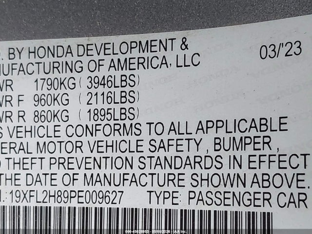2023 Honda Civic Sport მანქანა იყიდება აუქციონზე, vin: 19XFL2H89PE009627, აუქციონის ნომერი: 45028953