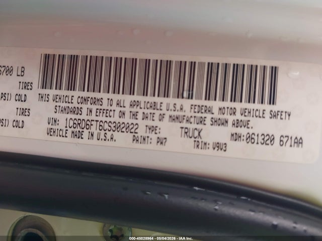 Продажа на аукционе авто 2012 Ram 1500 St, vin: 1C6RD6FT6CS302022, номер лота: 45028964
