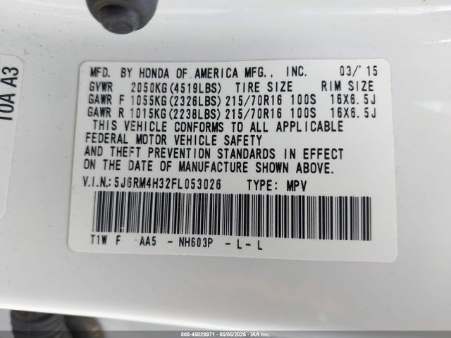 Продаж на аукціоні авто 2015 Honda Cr-v Lx, vin: 5J6RM4H32FL053026, номер лоту: 45028971