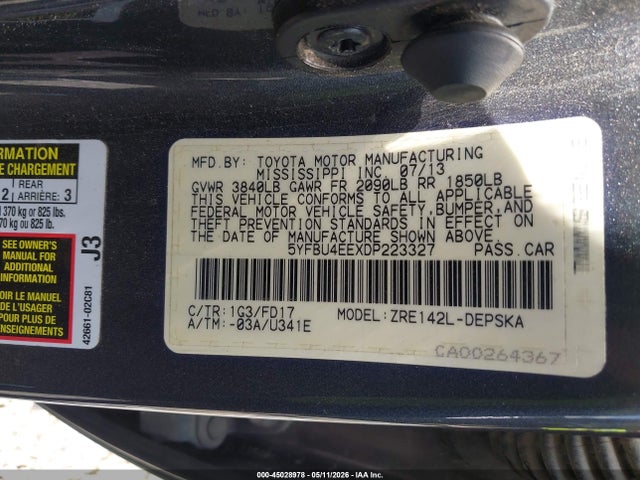 2013 Toyota Corolla S მანქანა იყიდება აუქციონზე, vin: 5YFBU4EEXDP223327, აუქციონის ნომერი: 45028978