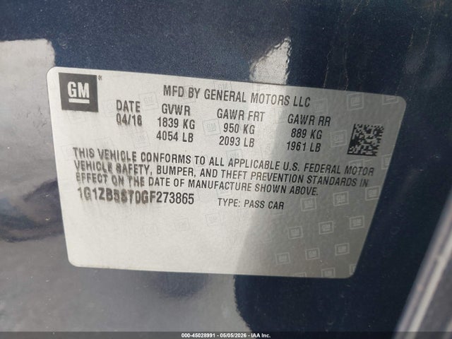 Aukcja sprzedaży 2016 Chevrolet Malibu Ls, vin: 1G1ZB5ST0GF273865, numer aukcji: 45028991